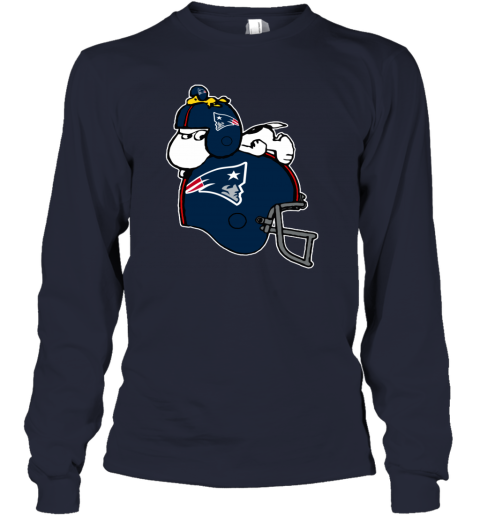 la0n snoopy and woodstock resting on new englands patriots helmet youth long sleeve 50 front navy