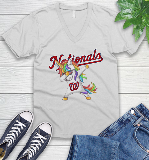 Washington Nationals MLB Baseball Funny Unicorn Dabbing Sports V-Neck T-Shirt