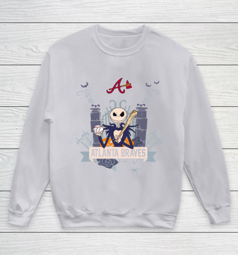MLB Atlanta Braves Baseball Jack Skellington Halloween Youth Sweatshirt 3