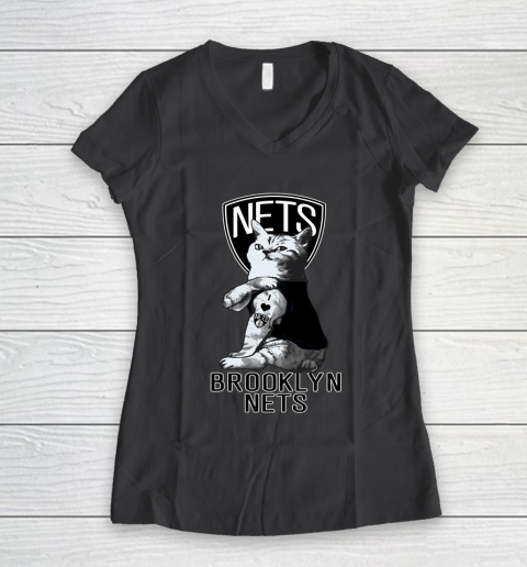 NBA Basketball My Cat Loves Brooklyn Nets Women's V-Neck T-Shirt 6