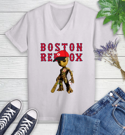 MLB Boston Red Sox Groot Guardians Of The Galaxy Baseball Women's V-Neck T-Shirt