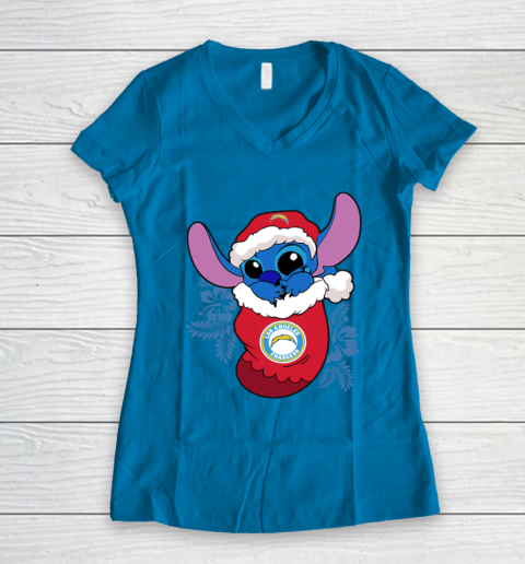 Los Angeles Chargers Christmas Stitch In The Sock Funny Disney NFL Women's V-Neck T-Shirt 7