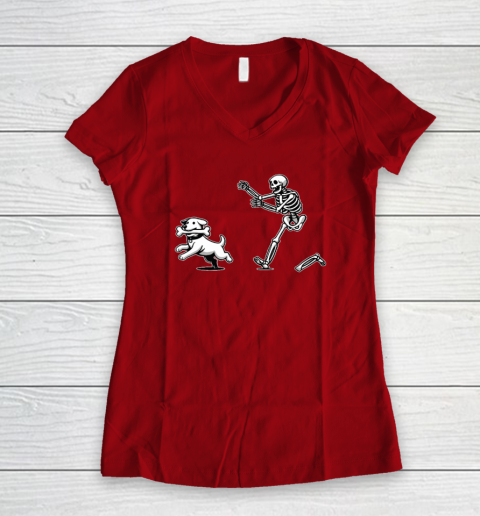 Halloween Dog, Funny Skeleton, Skeleton Chasing Dog Women's V-Neck T-Shirt 6