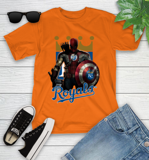 MLB Captain America Thor Spider Man Hawkeye Avengers Endgame Baseball Kansas City Royals Youth T-Shirt 7