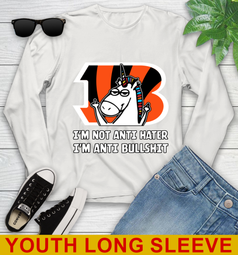 Cincinnati Bengals NFL Football Unicorn I'm Not Anti Hater I'm Anti Bullshit Youth Long Sleeve 12
