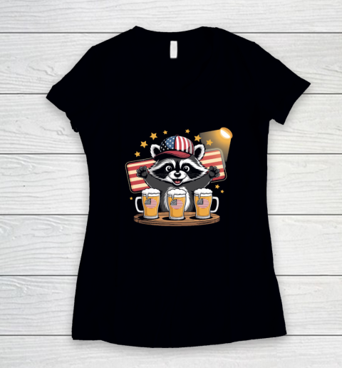 Raccoon red white and brew Funny Independence Day 4th of July Women's V-Neck T-Shirt