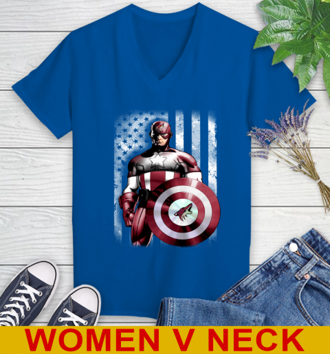 Arizona Coyotes NHL Hockey Captain America Marvel Avengers American Flag Shirt Women's V-Neck T-Shirt 9