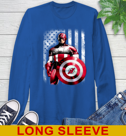 New Jersey Devils NHL Hockey Captain America Marvel Avengers American Flag Shirt Long Sleeve T-Shirt 11