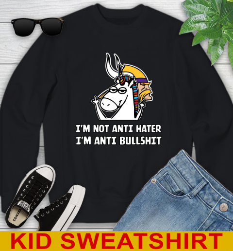 Minnesota Vikings NFL Football Unicorn I'm Not Anti Hater I'm Anti Bullshit Youth Sweatshirt 2