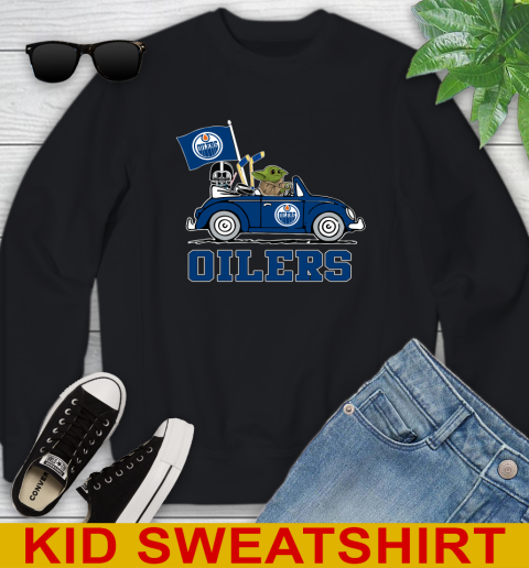 NHL Hockey Edmonton Oilers Darth Vader Baby Yoda Driving Star Wars Shirt Youth Sweatshirt 2