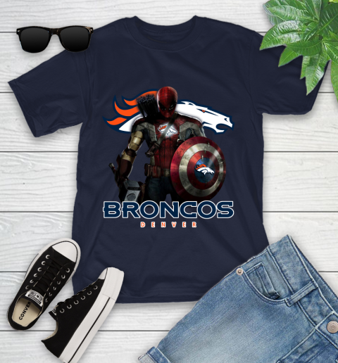 NFL Captain America Thor Spider Man Hawkeye Avengers Endgame Football Denver Broncos Youth T-Shirt 3
