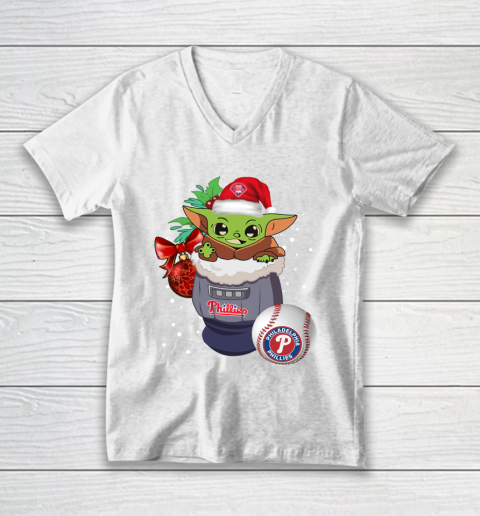 Philadelphia Phillies Christmas Baby Yoda Star Wars Funny Happy MLB V-Neck T-Shirt 2