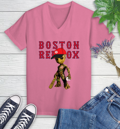 MLB Boston Red Sox Groot Guardians Of The Galaxy Baseball Women's V-Neck T-Shirt 13