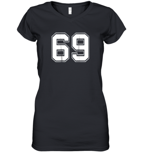 Number 69 Football Baseball Soccer Jersey Uniform Women's V-Neck T-Shirt