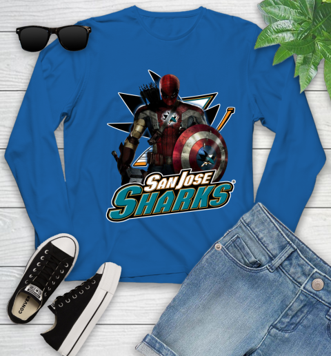 NHL Captain America Thor Spider Man Hawkeye Avengers Endgame Hockey San Jose Sharks Youth Long Sleeve 9