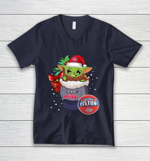 Detroit Pistons Christmas Baby Yoda Star Wars Funny Happy NBA V-Neck T-Shirt 3