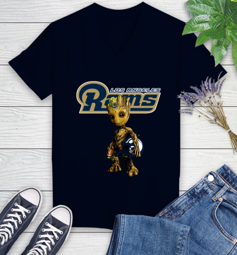 Los Angeles Rams NFL Football Groot Marvel Guardians Of The Galaxy Women's V-Neck T-Shirt 3