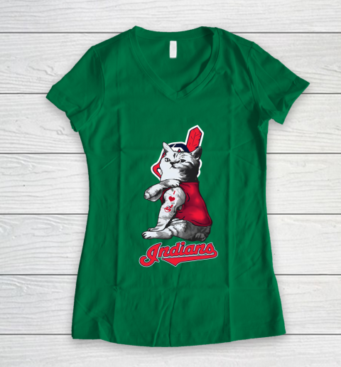 MLB Baseball My Cat Loves Cleveland Indians Women's V-Neck T-Shirt 3
