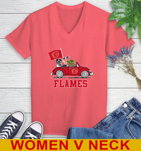 NHL Hockey Calgary Flames Darth Vader Baby Yoda Driving Star Wars Shirt Women's V-Neck T-Shirt 7