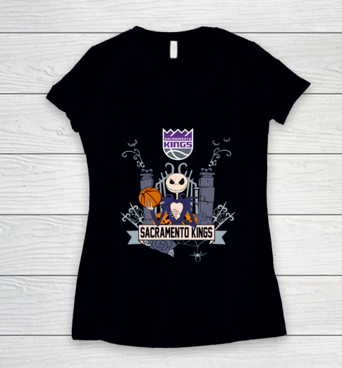 NBA Sacramento Kings Basketball Jack Skellington Halloween Women's V-Neck T-Shirt