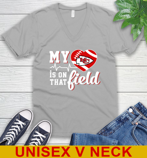 NFL My Heart Is On That Field Football Sports Kansas City Chiefs V-Neck T-Shirt 3