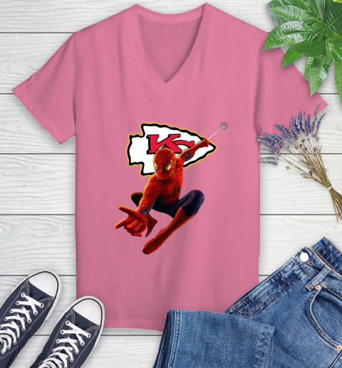 NFL Spider Man Avengers Endgame Football Kansas City Chiefs Women's V-Neck T-Shirt 13