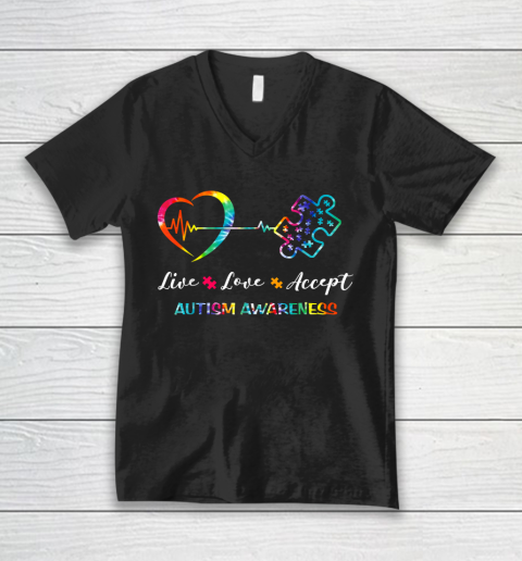 Live Love Accept Autism Awareness Tie Dye Autism Mom V-Neck T-Shirt