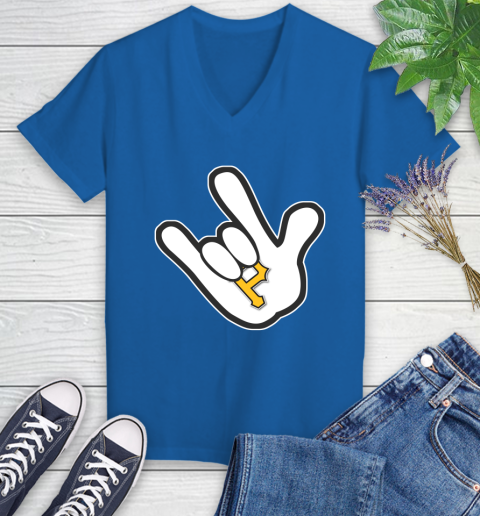 Pittsburgh Pirates MLB Baseball Mickey Rock Hand Disney Women's V-Neck T-Shirt 10