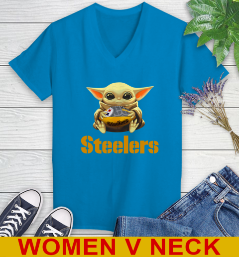 NFL Football Pittsburgh Steelers Baby Yoda Star Wars Shirt Women's V-Neck T-Shirt 8