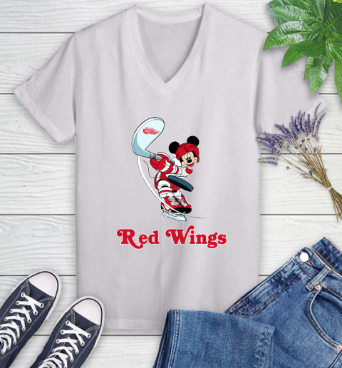 NHL Hockey Detroit Red Wings Cheerful Mickey Mouse Shirt Women's V-Neck T-Shirt 2