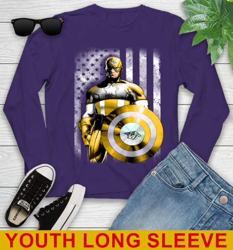 Nashville Predators NHL Hockey Captain America Marvel Avengers American Flag Shirt Youth Long Sleeve 4