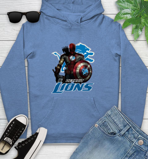NFL Captain America Thor Spider Man Hawkeye Avengers Endgame Football Detroit Lions Youth Hoodie 12