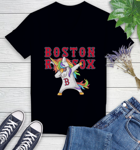 Boston Red Sox MLB Baseball Funny Unicorn Dabbing Sports Women's V-Neck T-Shirt 2