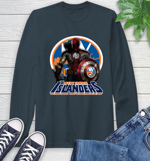 NHL Captain America Thor Spider Man Hawkeye Avengers Endgame Hockey New York Islanders Long Sleeve T-Shirt 8