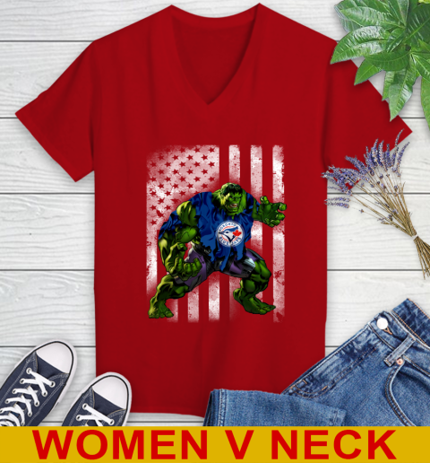 Toronto Blue Jays Hulk Marvel Avengers MLB Baseball American Flag Women's V-Neck T-Shirt 10
