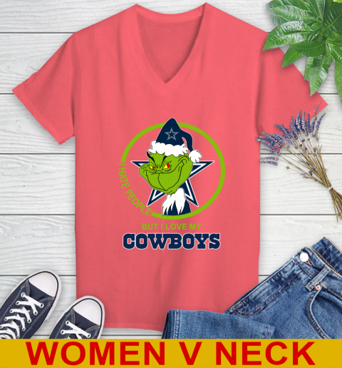 Dallas Cowboys NFL Christmas Grinch I Hate People But I Love My Favorite Football Team Women's V-Neck T-Shirt 7