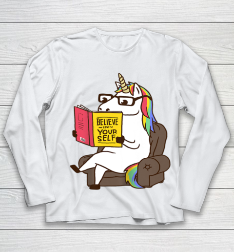 Unicorn Shirt Believe in Yourself Motivational Book Lover Youth Long Sleeve 2