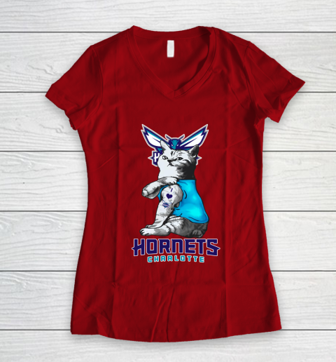 NBA Basketball My Cat Loves Charlotte Hornets Women's V-Neck T-Shirt 8