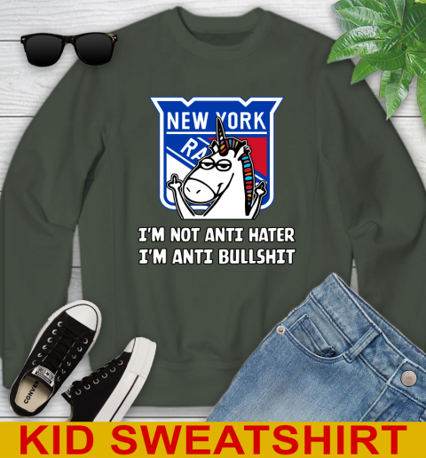 New York Rangers NHL Hockey Unicorn I'm Not Anti Hater I'm Anti Bullshit Youth Sweatshirt 9