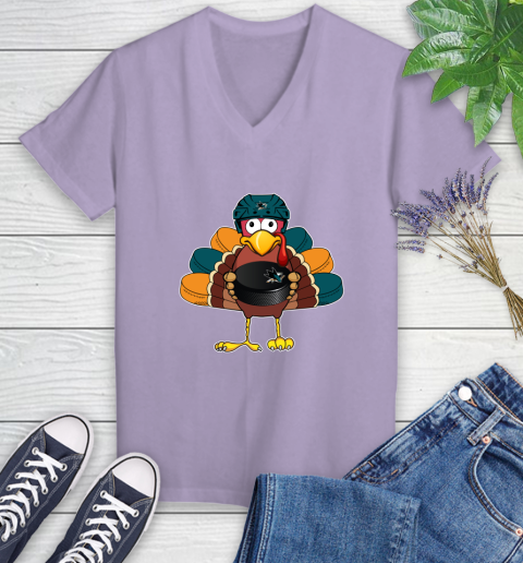 San Jose Sharks Turkey Thanksgiving Day Women's V-Neck T-Shirt 14