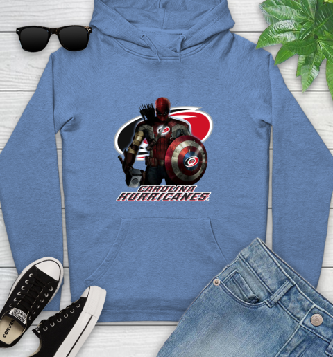 NHL Captain America Thor Spider Man Hawkeye Avengers Endgame Hockey Carolina Hurricanes Youth Hoodie 12