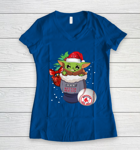 Boston Red Sox Christmas Baby Yoda Star Wars Funny Happy MLB Women's V-Neck T-Shirt 9