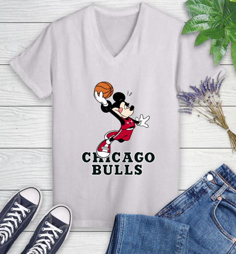 NBA Basketball Chicago Bulls Cheerful Mickey Mouse Shirt Women's V-Neck T-Shirt 2
