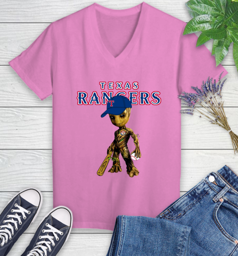 MLB Texas Rangers Groot Guardians Of The Galaxy Baseball Women's V-Neck T-Shirt 14