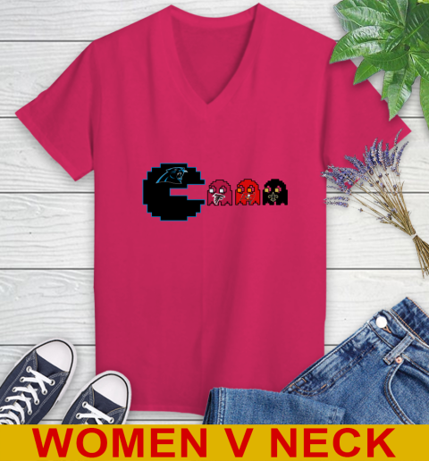 Carolina Panthers NFL Football Pac Man Champion Women's V-Neck T-Shirt 10