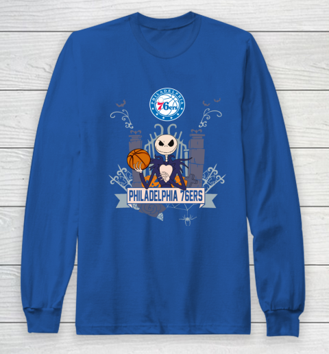 NBA Philadelphia 76ers Basketball Jack Skellington Halloween Long Sleeve T-Shirt 6
