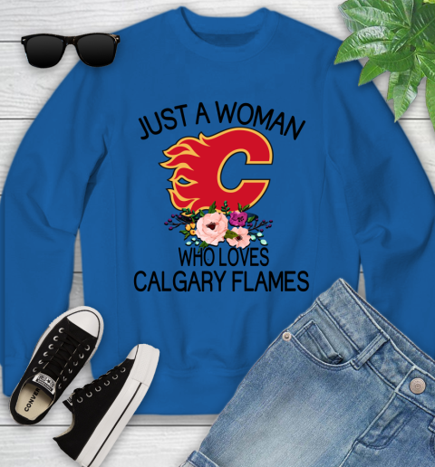 NHL Just A Woman Who Loves Calgary Flames Hockey Sports Youth Sweatshirt 4