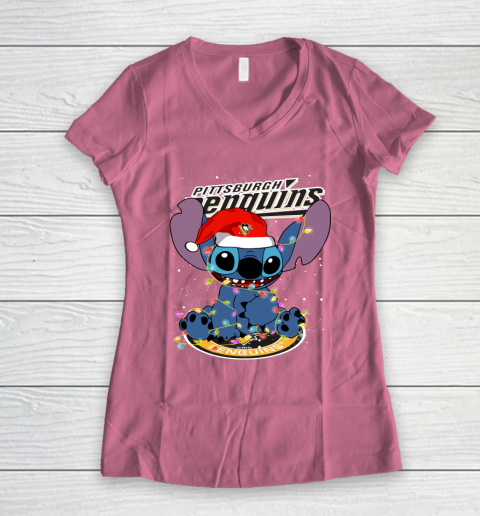 Pittsburgh Penguins NHL Hockey noel stitch Christmas Women's V-Neck T-Shirt 7