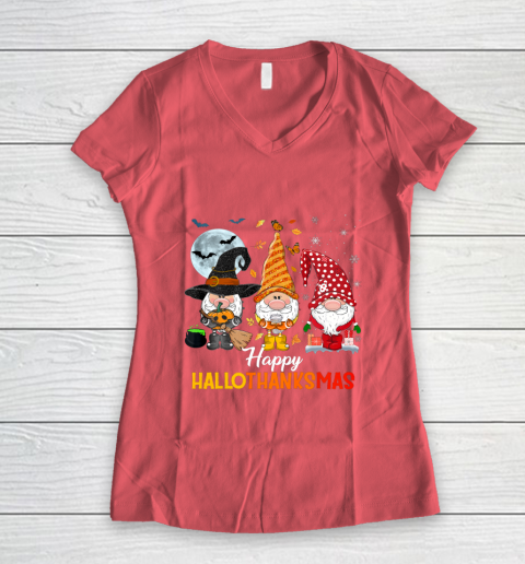 Gnomes Halloween And Merry Christmas Happy Hallothanksmas Women's V-Neck T-Shirt 4