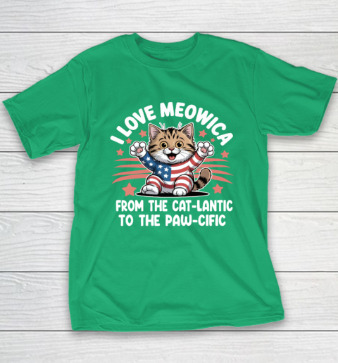 Patriotic Cat I Love Meowica USA Flag 4th of July Funny Cat Lover Youth T-Shirt 4